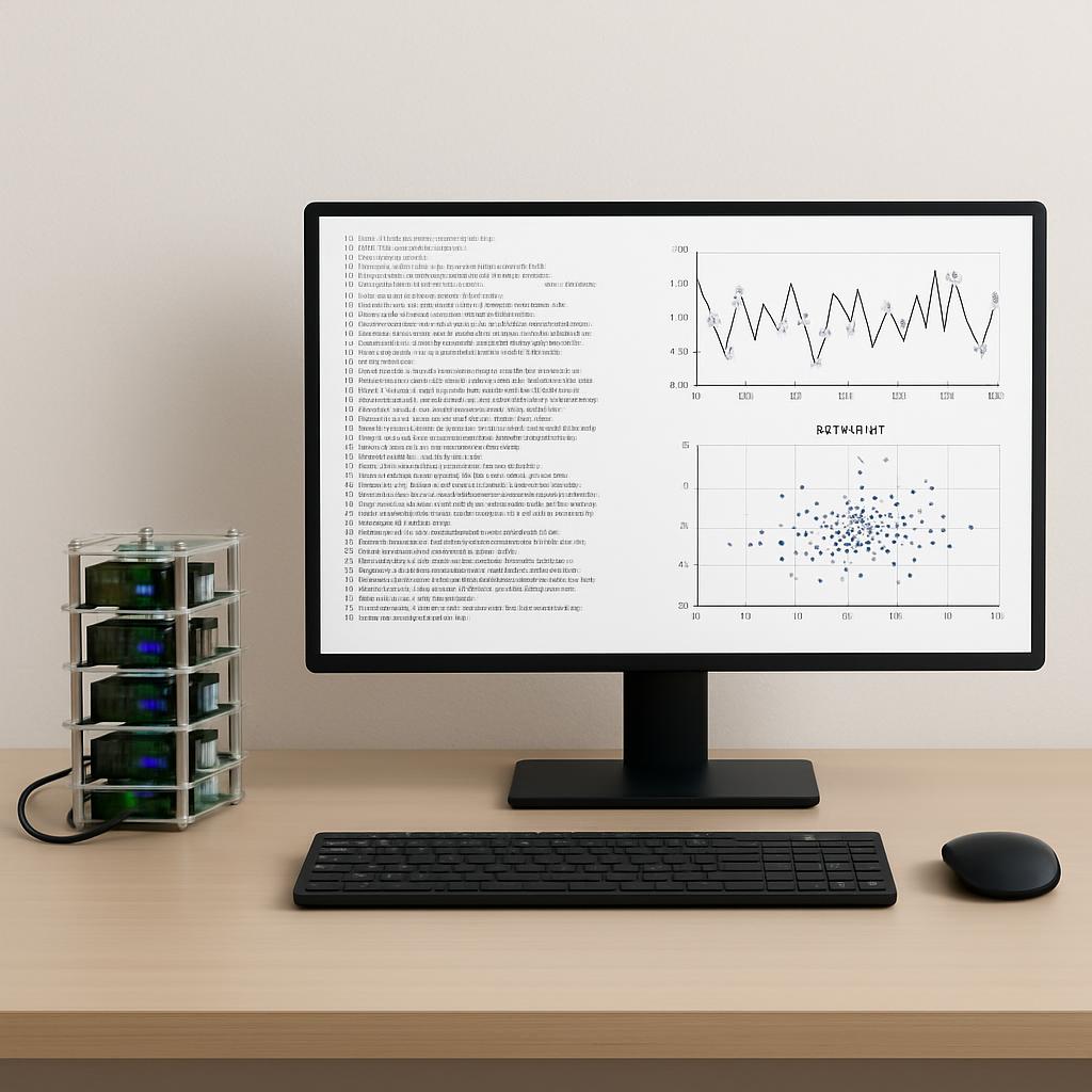 A desktop with a computer monitor displaying a graph and text, a keyboard, and a wireless computer mouse sitting on top of...